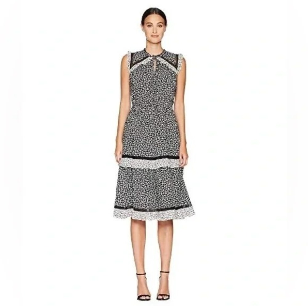 Kate Spade New York Plains Ditsy Ruffled Tiered Dress Black Floral Midi A line S
